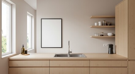Modern kitchen with double sink and wood cabinets