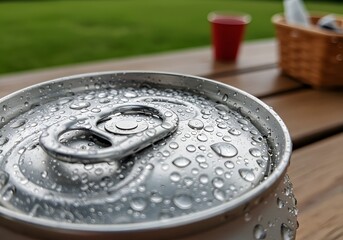 Iced refreshment can with water droplets on picnic table