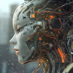 Fototapeta premium futuristic cyber woman with her head open exposing a digital circuit board 