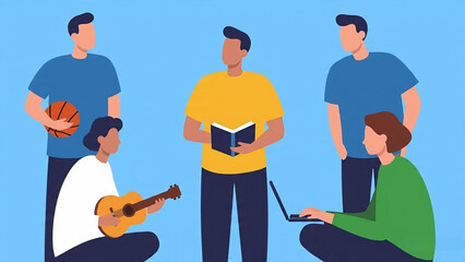 Diverse group of young men pursuing various hobbies such as reading, guitar playing, basketball and working on a laptop