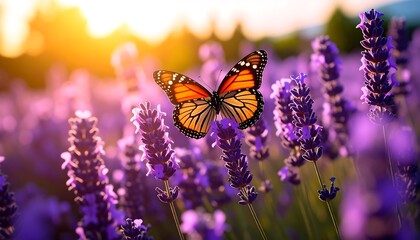 Monarch butterfly in lavender field at sunset