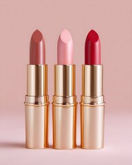 Fototapeta premium Three lipsticks in rose gold tubes on a pink background nude pink and red shades
