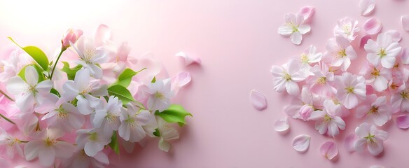 Fototapeta premium Delicate pink and white blossoms scattered on a pink background a spring floral arrangement