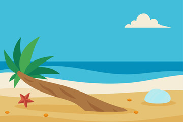 tropical beach with driftwood and seashells