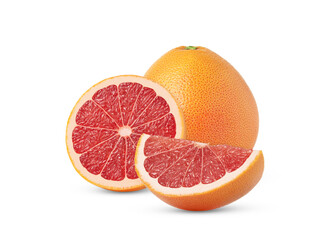 Whole pink grapefruit and two slices isolated. Grapefruit and a half and a slice isolated.