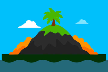 volcanic island with black rock and lush vegetat