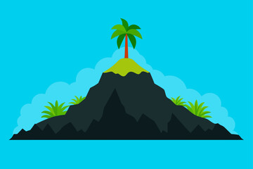 volcanic island with black rock and lush vegetat
