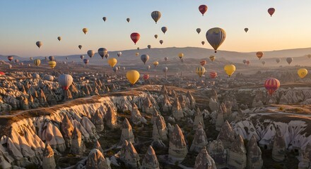 Hot air balloons flying over the fairy chimneys of Cappadocia.