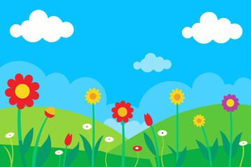 wildflower meadow under a bright blue sky