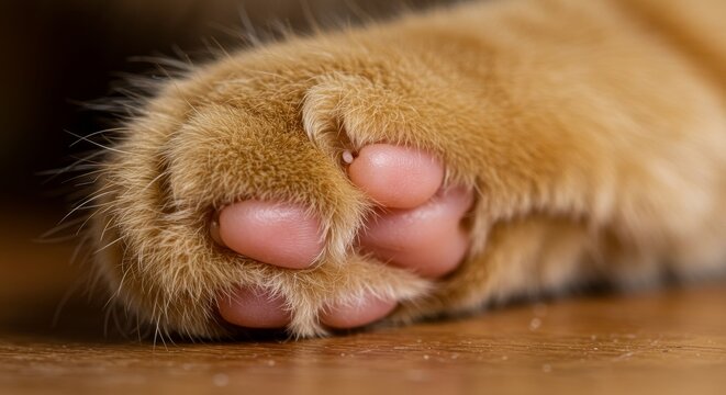 Close-up image of a cat's paw, showing the pads and fur in intricate detail, feline paws - Powered by Adobe
