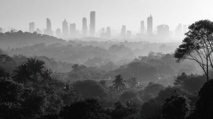 Fototapeta premium Misty city skyline over lush forests