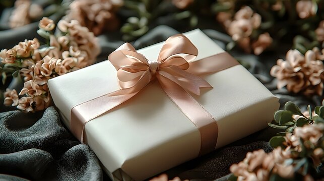Beautifully wrapped wedding gift box with ribbon bow