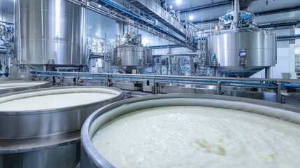 Modern factory yogurt production  ensuring sterile conditions for quality and safety