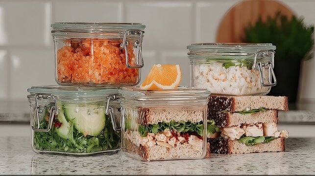 Kitchen counter healthy lunch meal prep jars
