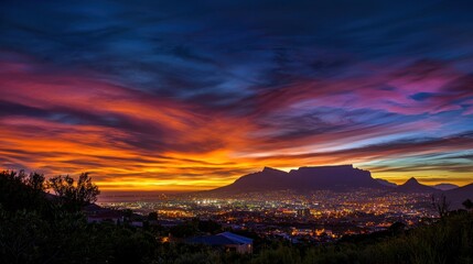 A scenic sunset over Cape Town, with the city lights twinkling below and the mountain silhouetted against a colorful sky.