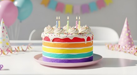 Colorful rainbow layered birthday cake on a pastel ceramic plate with balloons and party decorations in the background, placed on a white table under bright daylight for a cheerful celebration concept