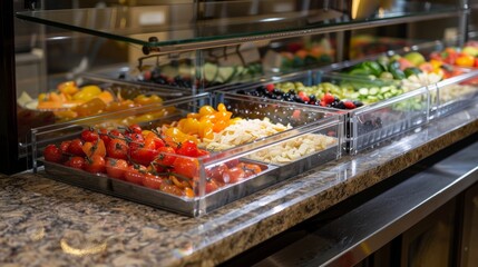 A clear glass sneeze guard protecting the toppings from airborne germs.