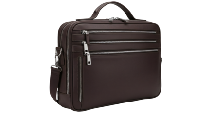 Dark brown leather laptop messenger bag with multiple zipped compartments.