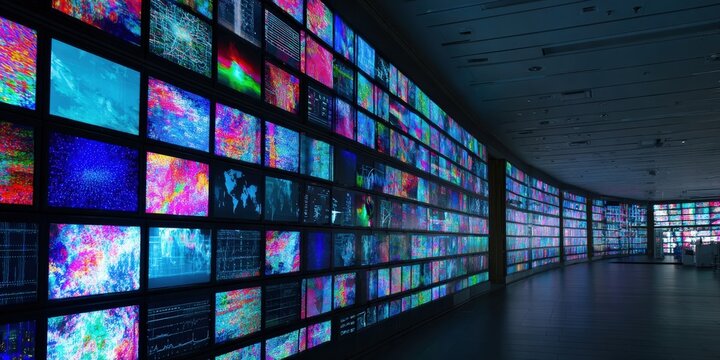 A wall of vibrant screens displays an array of colorful data streams.