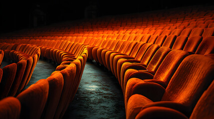 Obraz premium Rows of orange seats in a theater auditorium