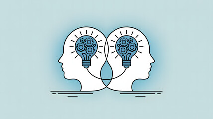 Two heads with lightbulbs and gears inside symbolizing shared ideas and collaboration