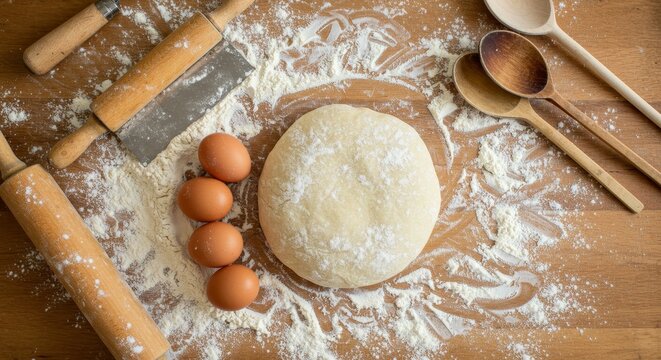 Culinary scene with dough, eggs, and baking implements displayed on a wooden surface