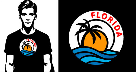 Fototapeta premium Florida Beach T-Shirt Design – Tropical Sunset Graphic with Bold Typography and Mockup Display.