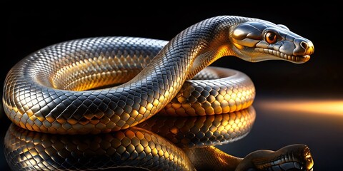 Fototapeta premium Elegant Silver-Gold Snake: Mysterious & Powerful Reptile in Amber Light