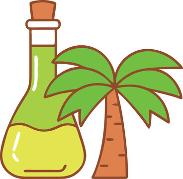 Green Potion Bottle with a Palm Tree. Magic elixir or tropical drink concept vector icon.
