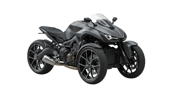Gray motorcycle with four wheels presented against a black background.