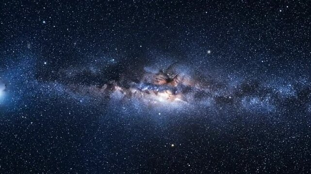 Stars fill a bluehued cosmic view with a brighter band suggesting the Milky Way galaxys structure