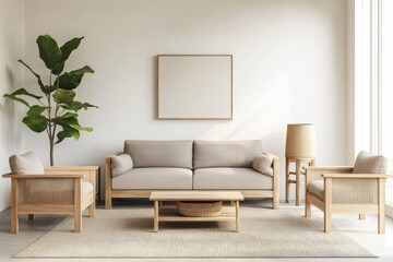 Cozy living room interior with wooden furniture and neutral decor furniture on beige background