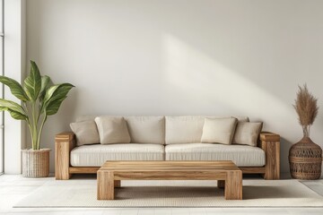 Minimal living room with wood furniture and beige cushions elements