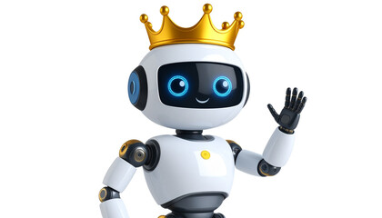 robot wearing a golden crown isolated on transparent background symbolic gesture for expansion of robots and technology