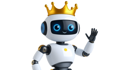 robot wearing a golden crown isolated on transparent background symbolic gesture for expansion of robots and technology