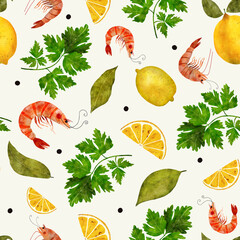 Seamless watercolor pattern with shrimp, lemon slices, parsley and bay leaves on butter color background. Ideal for kitchen decor, textiles, packaging, menus, and seafood-themed culinary designs.