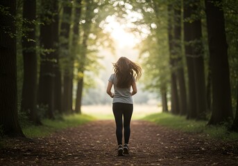 Woman jogging forest path sunlight nature wellness exercise