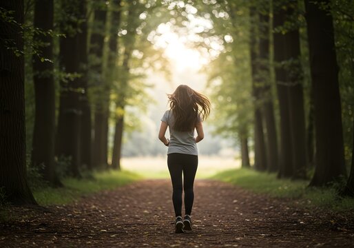 Woman jogging forest path sunlight nature wellness exercise - Powered by Adobe
