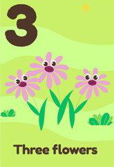  Three cheerful pink flowers with smiling faces bloom on a green field, with English text 