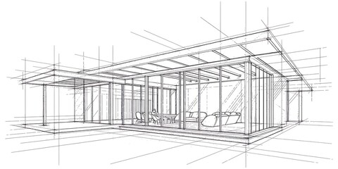 Fototapeta premium Architectural sketch of a modern glass house interior with furniture and construction lines
