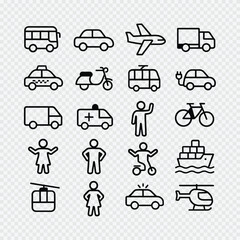 Set of black line icons featuring various transportation vehicles and human figures on transparent background for design and education

