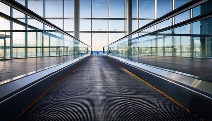 Obraz premium an empty escalator in an airport terminal with large windows