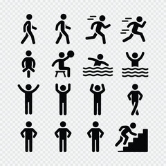 Collection of black stick figure icons showing various human actions and poses including walking, swimming, waving, and climbing stairs


