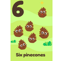 Six smiling brown pinecones are scattered across a green field with the English label 