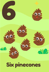 Six smiling brown pinecones are scattered across a green field with the English label 