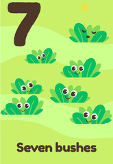 Seven happy green bushes with big expressive eyes are spread out on a grassy landscape, labeled 