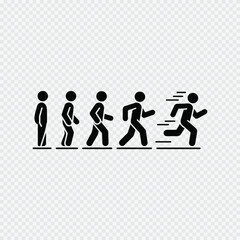 Naklejka premium Evolution of human movement from standing to running illustrated with black stick figure icons on transparent background