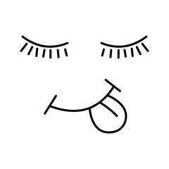 Playful Cartoon Face with Closed Eyes and Tongue Out. A minimalist black-and-white cartoon face featuring closed eyes with long eyelashes and a playful smile sticking out its tongue.