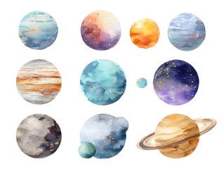 a set of Planets of the Solar System watercolor elements