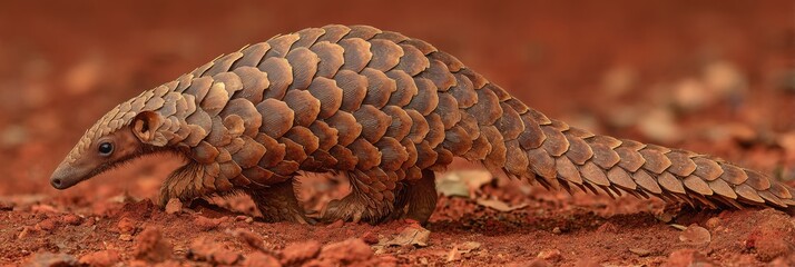 Obraz premium Indian Pangolin Walking on Reddish Soil With a Minimal Background, Showcasing Its Unique Scales and Form During a Sunny Day in the Wild